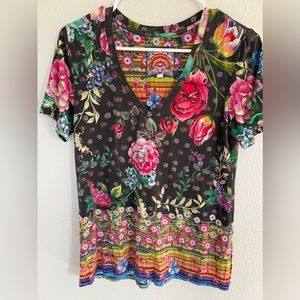 Johnny Was JWLA Naomi Favorite Border Short Sleeve V-Neck Tee Boho Chic J17721